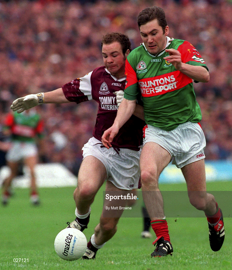 18 July 1999; James Horan of Mayo in action against John Divilly of Galway during the Guinness Connacht Senior Football Championship Final Replay between Mayo and Galway at Tuam Stadium in Galway. Photo by Matt Browne/Sportsfile