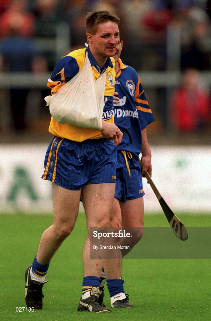 12 June 1999; Jamesie O'Connor of Clare being taken off due to an injury during the Munster Senior Hurling Championship Semi final Replay match between Clare v Tipperary at Páirc Uí Chaoimh in Cork. Photo by Brendan Moran/Sportsfile
