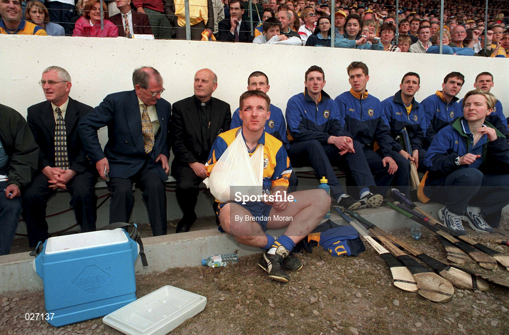 12 June 1999; Jamesie O'Connor of Clare sits on the sideline after being taken off due to an injury during the Munster Senior Hurling Championship Semi final Replay match between Clare v Tipperary at Páirc Uí Chaoimh in Cork. Photo by Brendan Moran/Sportsfile
