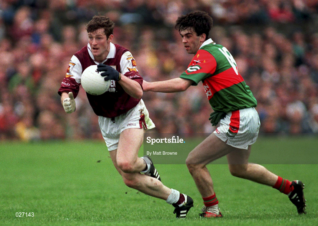 18 July 1999; Jarlath Fallon of Galway in action against Alan Roche of Mayo during the Guinness Connacht Senior Football Championship Final Replay between Mayo and Galway at Tuam Stadium in Galway. Photo by Matt Browne/Sportsfile