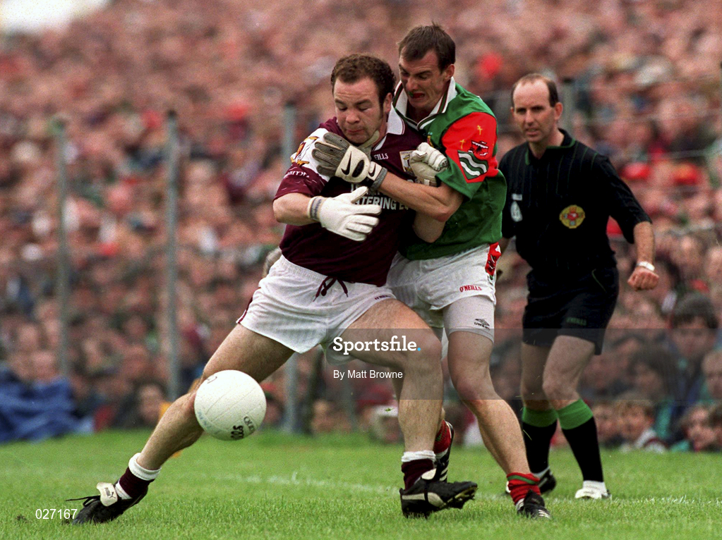 18 July 1999; John Divilly of Galway in action against John Casey of Mayo during the Guinness Connacht Senior Football Championship Final Replay between Mayo and Galway at Tuam Stadium in Galway. Photo by Matt Browne/Sportsfile