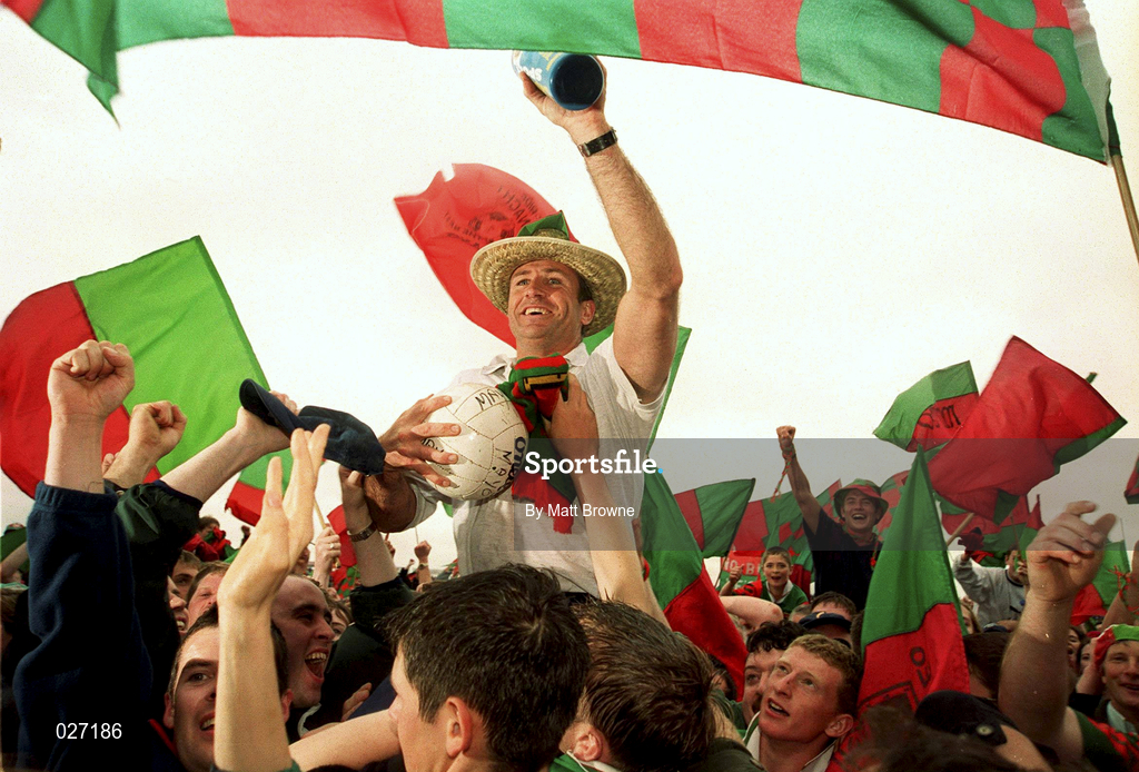 18 July 1999; Mayo manager John Maughan celebrates his teams victory over Galway after the Guinness Connacht Senior Football Championship Final Replay between Mayo and Galway at Tuam Stadium in Galway. Photo by Matt Browne/Sportsfile