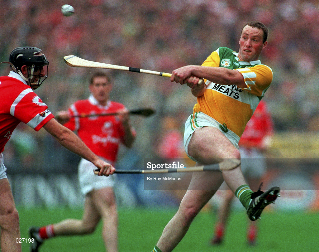 8 August 1999; John Ryan of Offaly in action against Brian Corcoran of Cork during the Guinness All-Ireland Hurling Senior Championship Semi-Final match between Cork and Offaly at Croke Park in Dublin. Photo by Ray McManus/Sportsfile