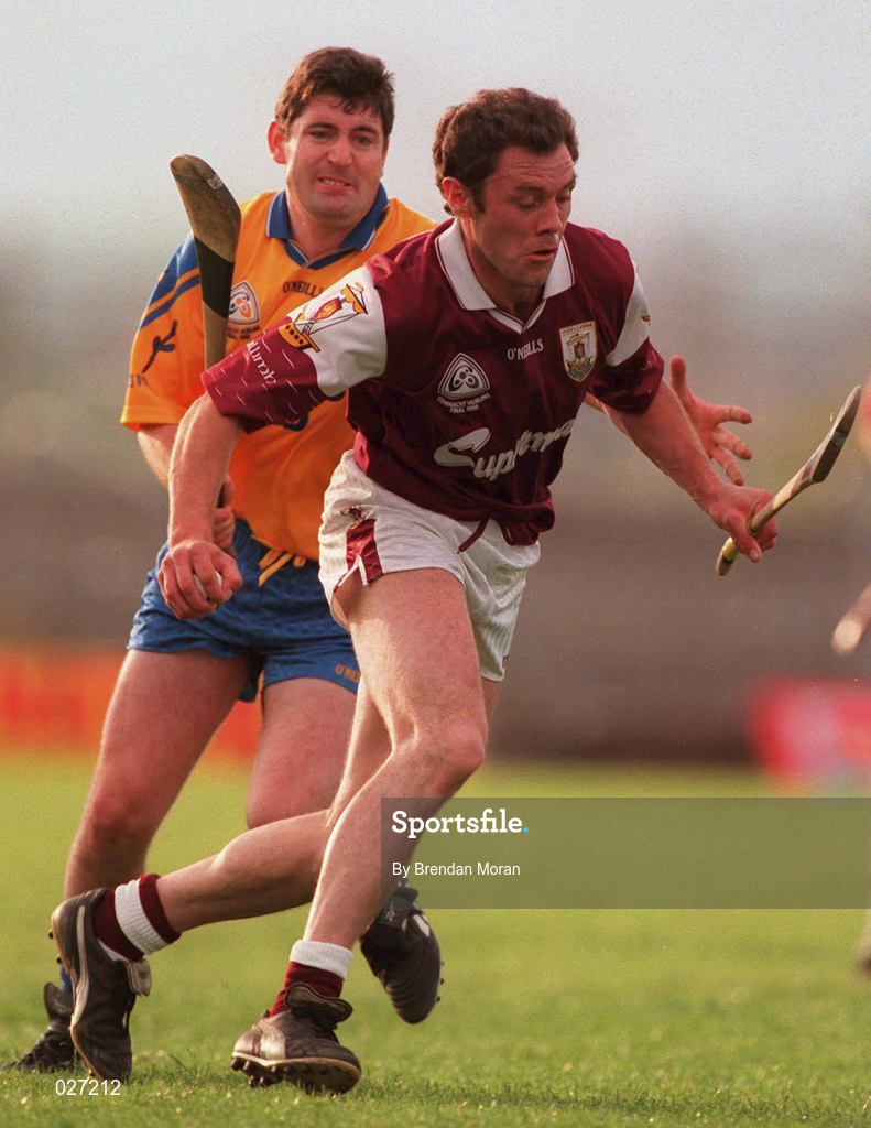 10 July 1999; Justin Campbell of Galway in action against Pat Regan of Roscommon during the Guinness Connacht Senior Hurling Championship Final match between Galway and Roscommon at Dr. Hyde Park in Roscommon. Photo by Brendan Moran/Sportsfile