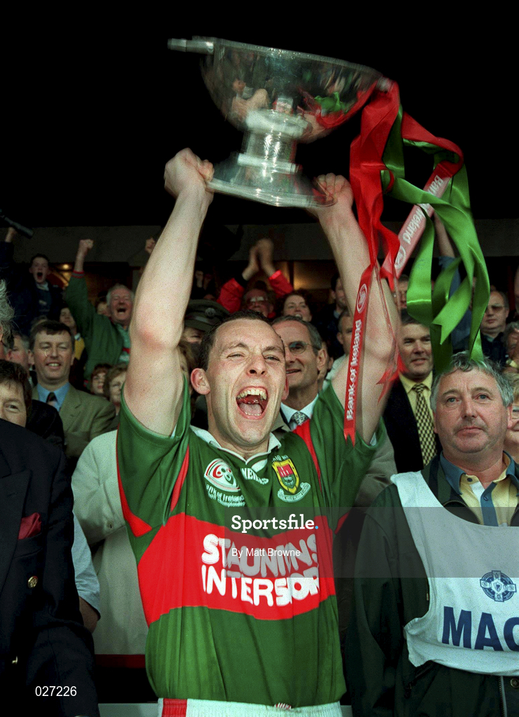 18 July 1999; Mayo Captain Kenneth Mortimer lifts the Cup after the Guinness Connacht Senior Football Championship Final Replay between Mayo and Galway at Tuam Stadium in Galway. Photo by Matt Browne/Sportsfile