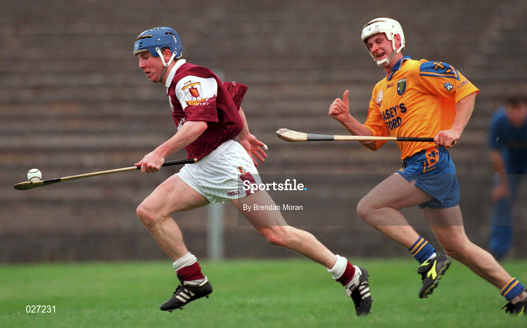 10 July 1999; Kevin Broderick of Galway in action against Adrian Kelly of Roscommon during the Guinness Connacht Senior Hurling Championship Final match between Galway and Roscommon at Dr. Hyde Park in Roscommon. Photo by Brendan Moran/Sportsfile