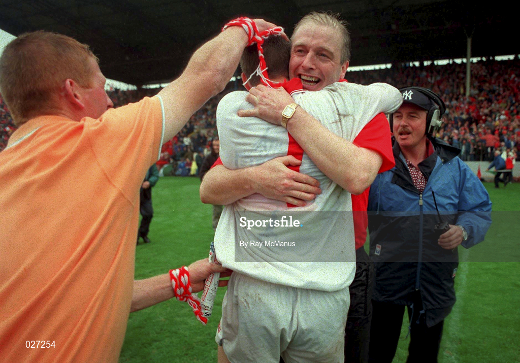 18 July 1999; Cork manager Larry Tompkins celebrates with goalkeeper Kevin O'Dwyer following the Bank of Ireland Munster GAA Football Championship Final match between Cork and Kerry at Páirc Uí Chaoimh in Cork. Photo by Ray McManus/Sportsfile