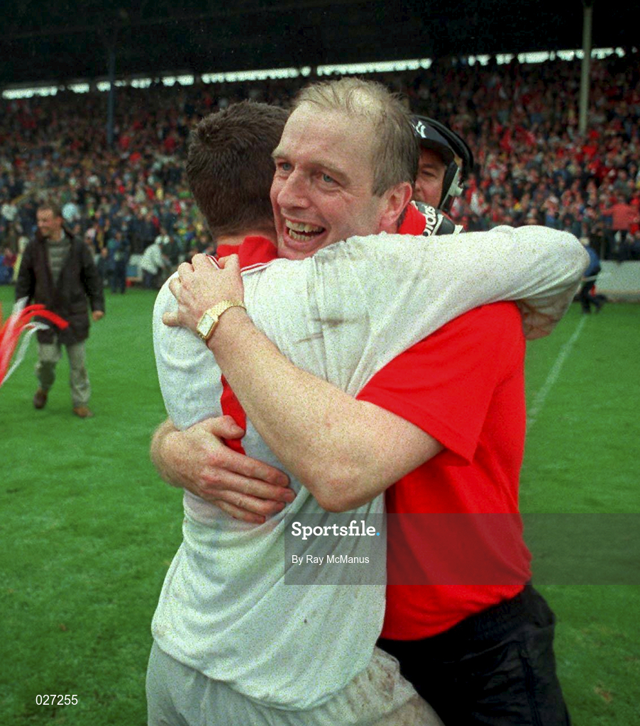 18 July 1999; Cork manager Larry Tompkins celebrates with goalkeeper Kevin O'Dwyer following the Bank of Ireland Munster GAA Football Championship Final match between Cork and Kerry at Páirc Uí Chaoimh in Cork. Photo by Ray McManus/Sportsfile
