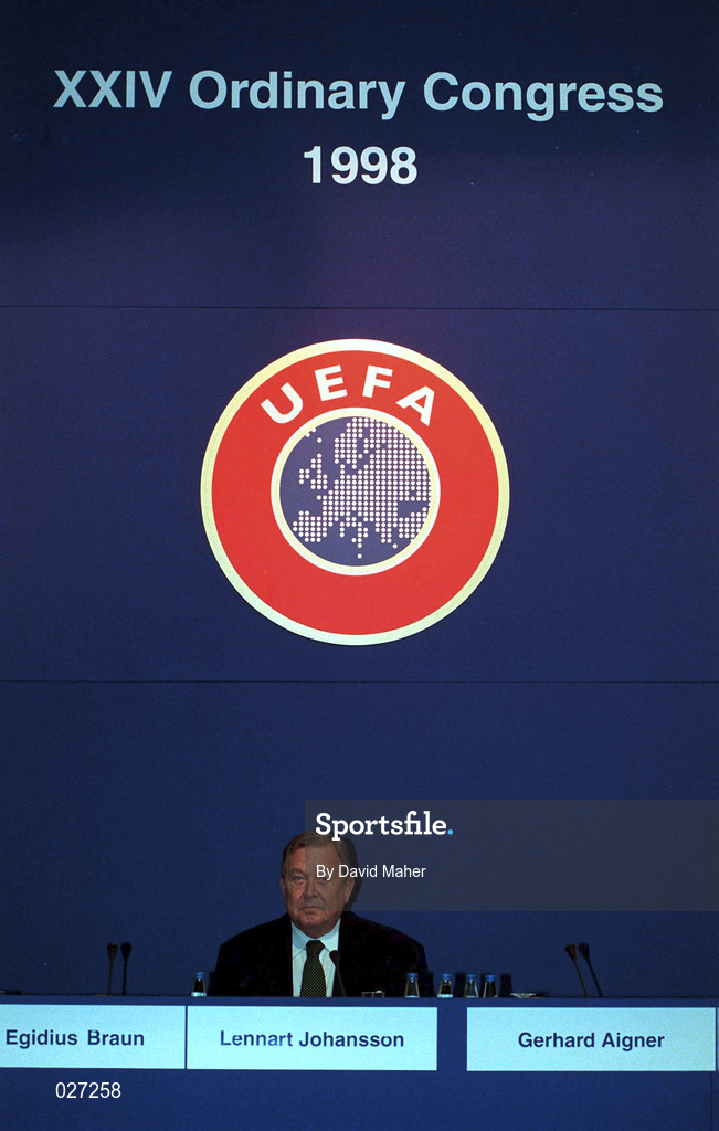 29 April 1998; Lennart Johansson, President of UEFA, during the UEFA XXIV Ordinary Conference at UEFA Headquarters in Nyon, Switzerland. Photo by David Maher/Sportsfile