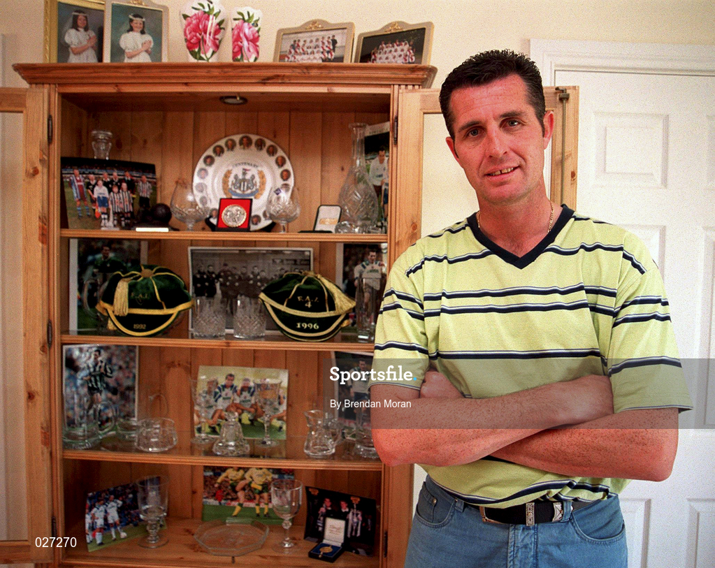 22 July 1999; Liam O'Brien pictured beside a cabinet with some of his medals and International caps at his home in Kill, Kildare. Photo by Brendan Moran/Sportsfile