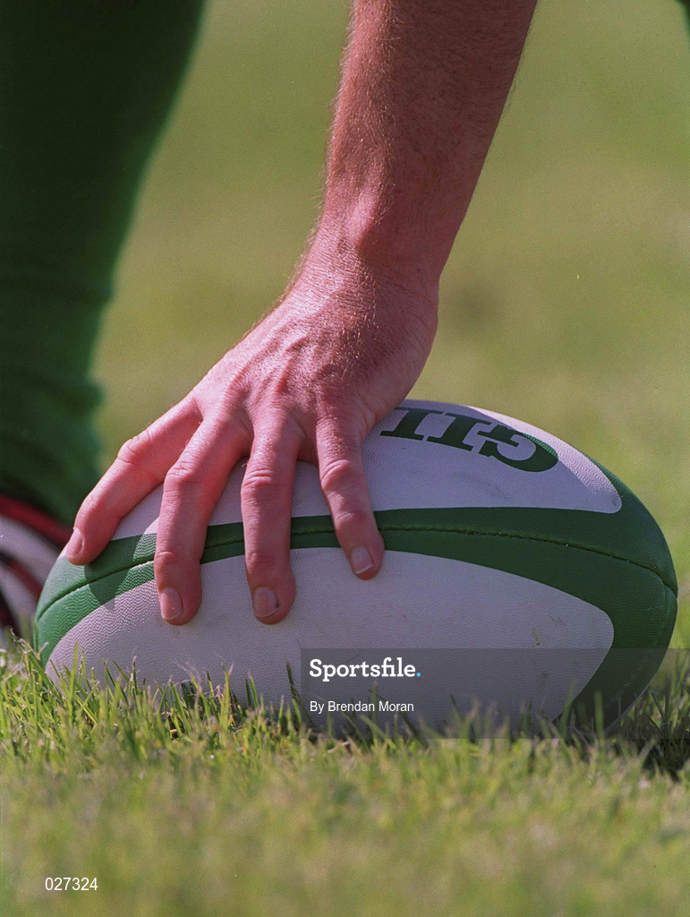 14 August 1999; A hand on a rugby ball during the Guinness Interprovincial Championship match between Connacht and Munster at the Sportsgrounds in Galway. Photo by Brendan Moran/Sportsfile