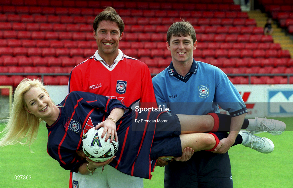 13 July 1999; St Patrick's Athletic's new signings Marcus Hallows, left, and Dessie Byrne, right, with model Orlaith Doyle at the unveiling of the new St Patrick's Athletics kit for this season at Richmond Park in Dublin. Photo by Brendan Moran/Sportsfile
