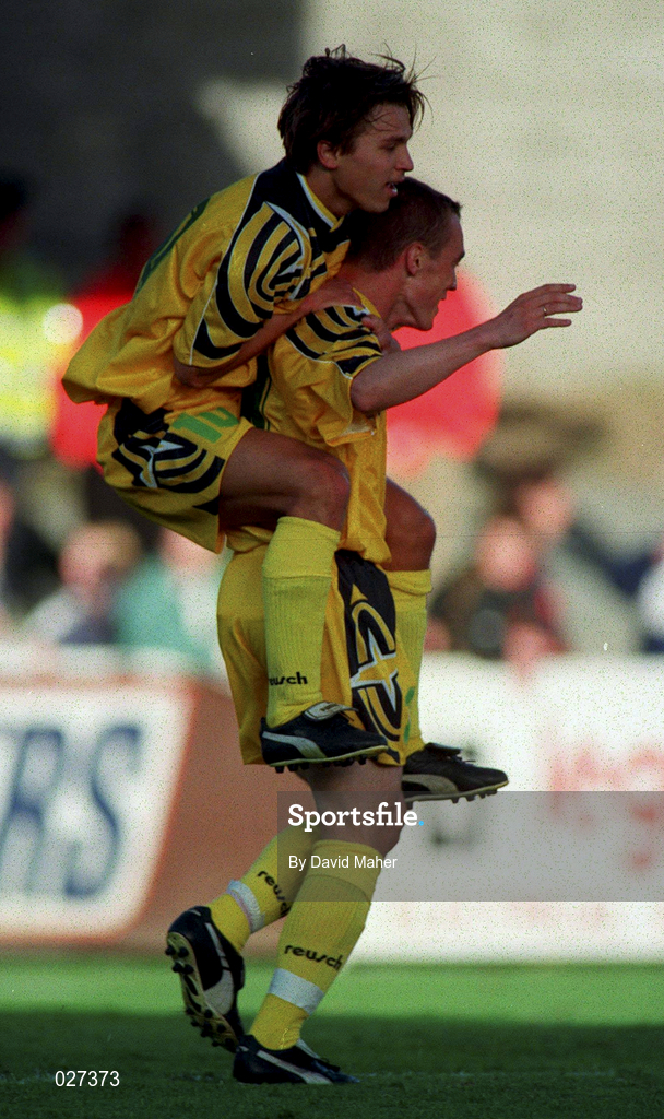 14 July 1999; Serghei Iepureanu of FSC Zimbru celebrates with team-mate Victor Berco on scoring their sides third goal during the UEFA Champions League Qualifying match between St Patricks Athletic and FSC Zimbru at Richmond Park in Dublin. Photo by David Maher/Sportsfile