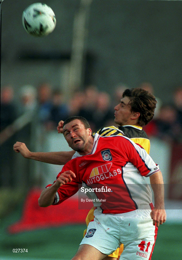 14 July 1999;  Ian Gilzean of St Patrick's Athletic in action against Valeriu Catinsus of FC Zimbru during the UEFA Champions League Qualifying match between St Patricks Athletic and FSC Zimbru at Richmond Park in Dublin. Photo by David Maher/Sportsfile
