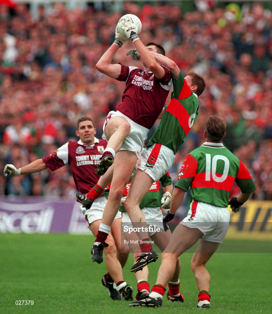 18 July 1999; Sean O'Domhnaill of Galway in action against James Nallen of Mayo during the Guinness Connacht Senior Football Championship Final Replay between Mayo and Galway at Tuam Stadium in Galway. Photo by Matt Browne/Sportsfile