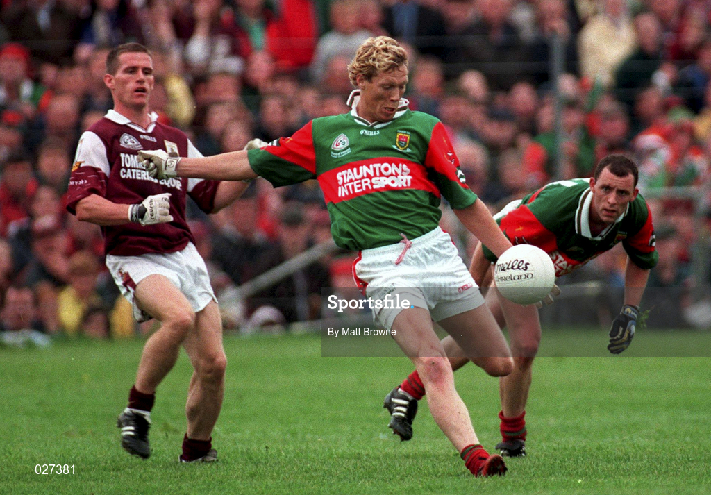 18 July 1999; Ciaran McDonald of Mayo in action against Seán Og de Paor of Galway during the Guinness Connacht Senior Football Championship Final Replay between Mayo and Galway at Tuam Stadium in Galway. Photo by Matt Browne/Sportsfile