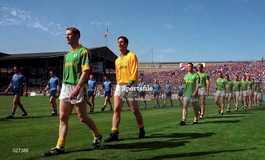 1 August 1999; The Meath team parade in front of Hill 16 ahead of the Bank of Ireland Leinster Senior Football Championship Final match between Dublin and Meath at Croke Park in Dublin. Photo by Ray McManus/Sportsfile