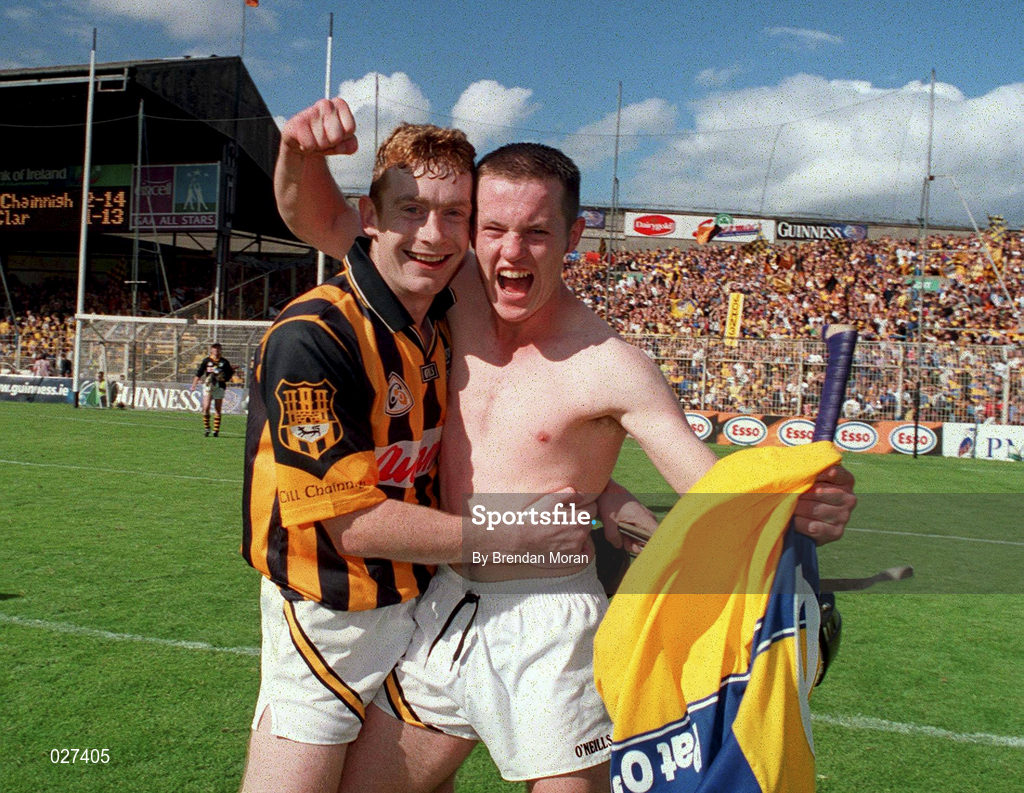 15 August 1999; Michael Kavanagh of Kilkenny and team-mate Peter Barry celebrate following the Guinness All-Ireland Senior Hurling Championship Semi-Final match between Kilkenny and Clare at Croke Park in Dublin. Photo by Brendan Moran/Sportsfile