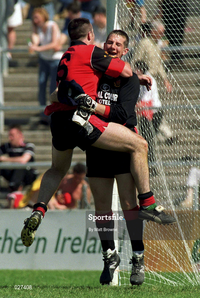 11 July 1999; Down goalkeeper Michael McVeigh and team-mate Sean Ward celebrate victory over Tyrone following the Bank of Ireland Ulster Football Championship Semi Final match between Down and Tyrone at Casement Park in Belfast, Antrim. Photo by Matt Browne/Sportsfile