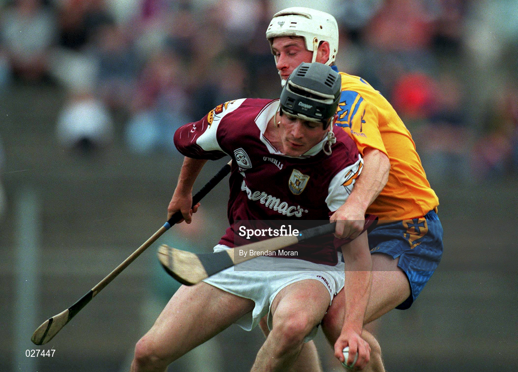 10 July 1999; Ollie Fahy of Galway in action against Brian Mulry of Roscommon during the Guinness Connacht Senior Hurling Championship Final match between Galway and Roscommon at Dr. Hyde Park in Roscommon. Photo by Brendan Moran/Sportsfile