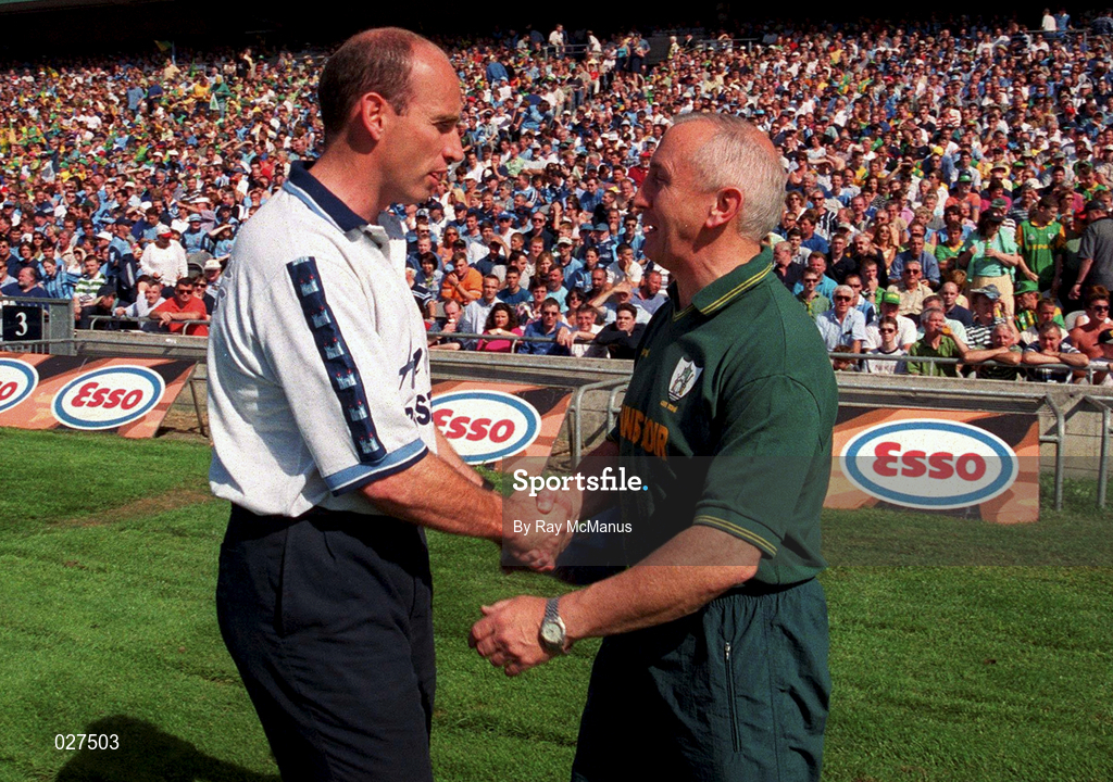 1 August 1999; Dublin manager Tommy Carr shakes hands with Meath manager Sean Boylan ahead of the Bank of Ireland Leinster Senior Football Championship Final match between Dublin and Meath at Croke Park in Dublin. Photo by Ray McManus/Sportsfile