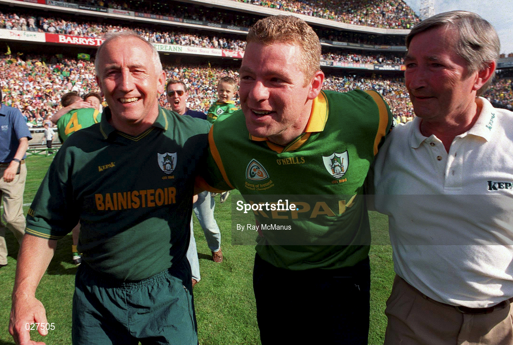 1 August 1999; Sean Boylan of Meath Manager, left, celebrates with Tommy Dowd, centre, following the Bank of Ireland Leinster Senior Football Championship Final match between Dublin and Meath at Croke Park in Dublin. Photo by Ray McManus/Sportsfile