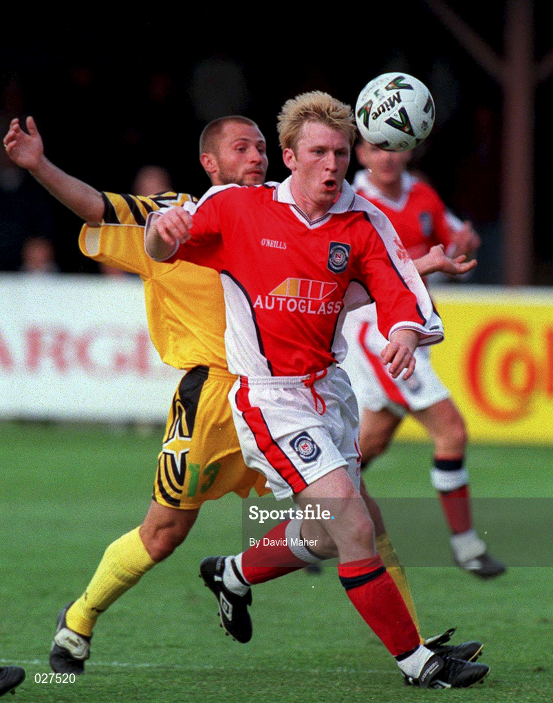 14 July 1999; Trevor Molloy of St Patricks Athletic in action against Serghei Dodul of FSC Zimbru during the UEFA Champions League Qualifying match between St Patricks Athletic and FSC Zimbru at Richmond Park in Dublin. Photo by David Maher/Sportsfile
