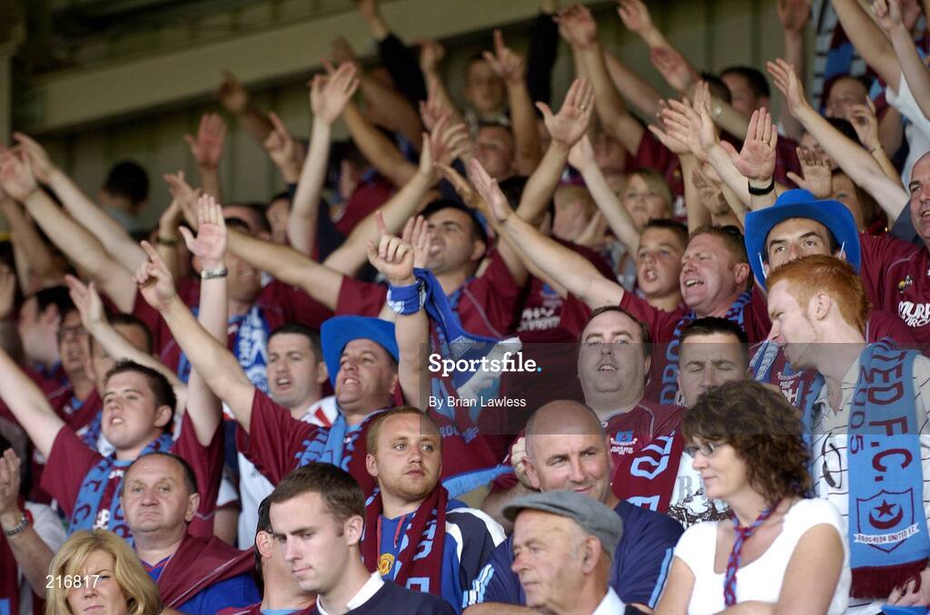 27 July 2006; Drogheda United fans cheer on their side. UEFA Cup 1st Round, 2nd Leg, Drogheda United v HJK Helsinki, Dalymount Park, Dublin. Picture credit; Brian Lawless / SPORTSFILE