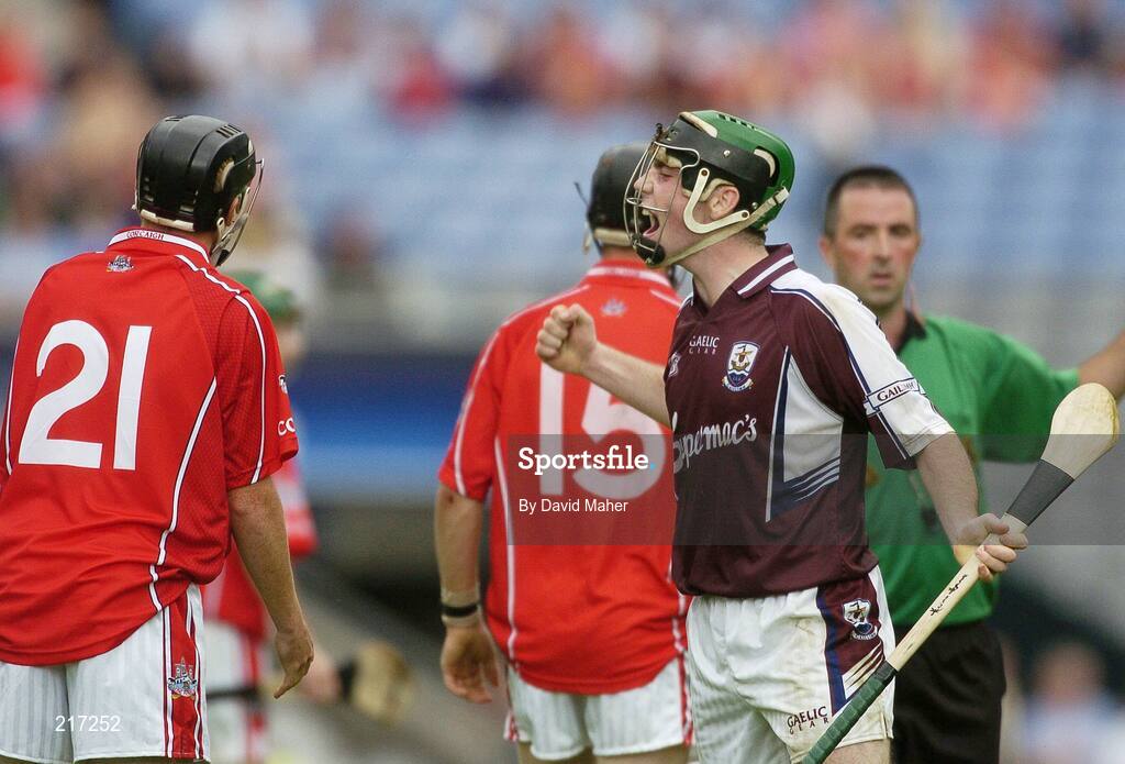 6 August 2006; Kevin Keane, Galway, celebrates at the end of the game, as Seamus Jones, Cork, looks on. ESB All-Ireland Minor Hurling Championship Semi-Final, Cork v Galway, Croke Park, Dublin. Picture credit; David Maher / SPORTSFILE