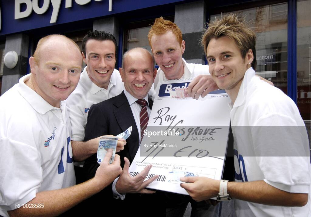 10 August 2006; Boylesports, Ireland's largest independent bookmaker, today celebrated opening the doors to the company's 100th shop on Dublin's Capel Street. At the opening are Manging Director and Founder of Boylesports John Boyle, centre, with from left, Leinster's Bernard Jackman, Dublin footballer Ray Cosgrove, Laois footballer Padraig Clancy, and Bohemians' Kevin Hunt. Capel Street, Dublin. Picture credit; Ray McManus / SPORTSFILE