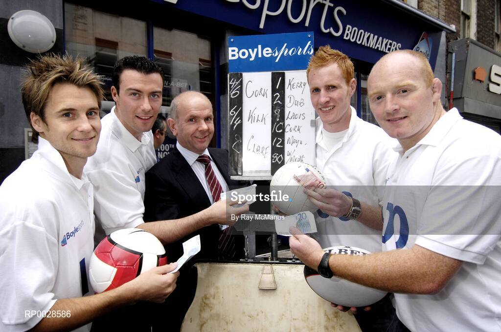 10 August 2006; Boylesports, Ireland's largest independent bookmaker, today celebrated opening the doors to the company's 100th shop on Dublin's Capel Street. At the opening are Manging Director and Founder of Boylesports John Boyle, centre, with from left, Bohemians' Kevin Hunt, Dublin footballer Ray Cosgrove, Laois footballer Padraig Clancy, and Leinster's Bernard Jackman. Capel Street, Dublin. Picture credit; Ray McManus / SPORTSFILE