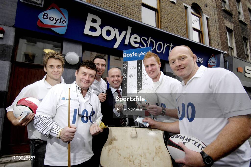 10 August 2006; Boylesports, Ireland's largest independent bookmaker, today celebrated opening the doors to the company's 100th shop on Dublin's Capel Street. At the opening are Manging Director and Founder of Boylesports John Boyle, centre, with from left, Bohemians' Kevin Hunt, Snooker star Jimmy White, Dublin footballer Ray Cosgrove, Laois footballer Padraig Clancy, and Leinster's Bernard Jackman. Capel Street, Dublin. Picture credit; Ray McManus / SPORTSFILE