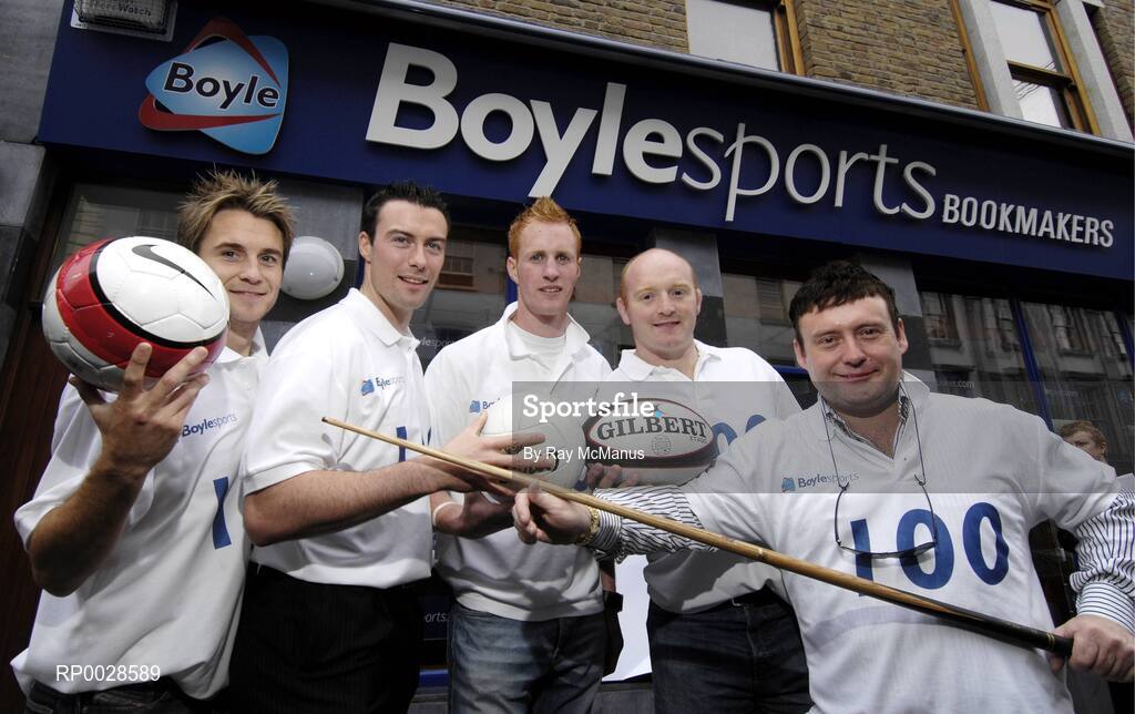 10 August 2006; Boylesports, Ireland's largest independent bookmaker, today celebrated opening the doors to the company's 100th shop on Dublin's Capel Street. At the opening are, from left, Bohemians' Kevin Hunt, Dublin footballer Ray Cosgrove, Laois footballer Padraig Clancy, Leinster's Bernard Jackman, and snooker star Jimmy White. Capel Street, Dublin. Picture credit; Ray McManus / SPORTSFILE