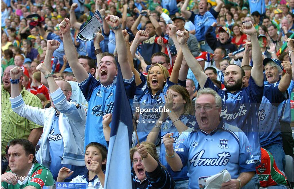 27 August 2006; Dublin supporters react after their side's first goal was scored. Bank of Ireland All-Ireland Senior Football Championship Semi-Final, Dublin v Mayo, Croke Park, Dublin. Picture credit; Damien Eagers / SPORTSFILE