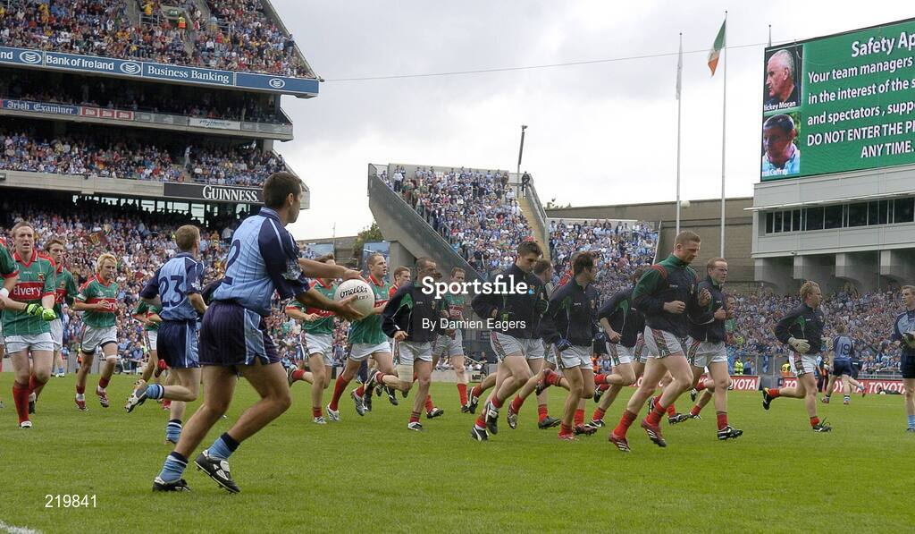 27 August 2006; Dublin and Mayo players both warm up at the Hill 16 end of the pitch before the start of the game. Bank of Ireland All-Ireland Senior Football Championship Semi-Final, Dublin v Mayo, Croke Park, Dublin. Picture credit; Damien Eagers / SPORTSFILE