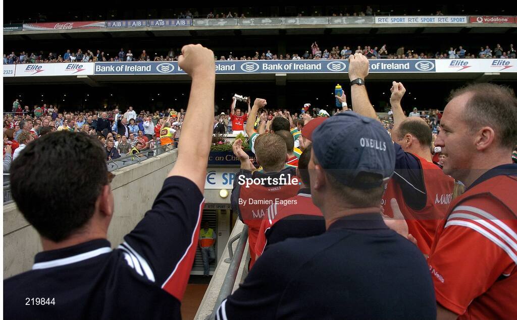 27 August 2006; The Louth management team react as captain Martin Farrelly lifts the Tommy Murphy cup. Tommy Murphy Cup Final, Louth v Leitrim, Croke Park, Dublin. Picture credit; Damien Eagers / SPORTSFILE