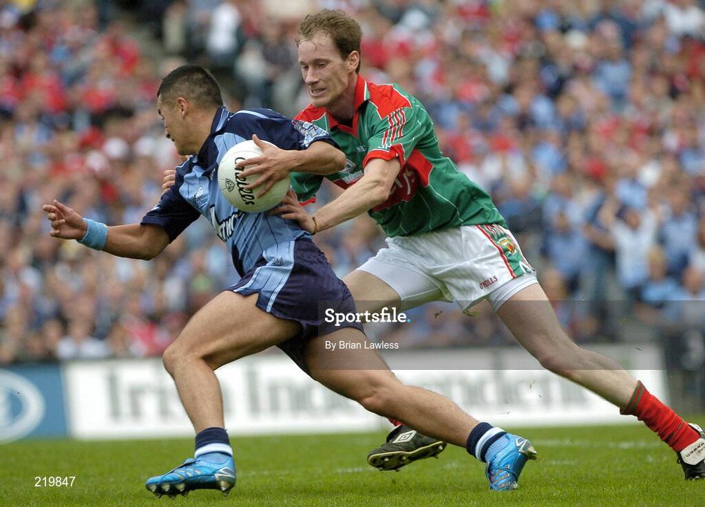 27 August 2006; Jason Sherlock, Dublin, in action against James Nallen, Mayo. Bank of Ireland All-Ireland Senior Football Championship Semi-Final, Dublin v Mayo, Croke Park, Dublin. Picture credit; Brian Lawless / SPORTSFILE