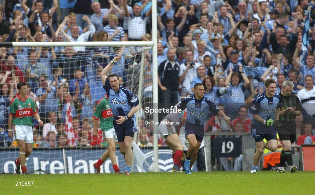 27 August 2006; Dublin's Ray Cosgrove, left, Jason Sherlock and Kevin Bonner, celebrate after Sherlock scored their side's second goal. Bank of Ireland All-Ireland Senior Football Championship Semi-Final, Dublin v Mayo, Croke Park, Dublin. Picture credit; Ray McManus / SPORTSFILE