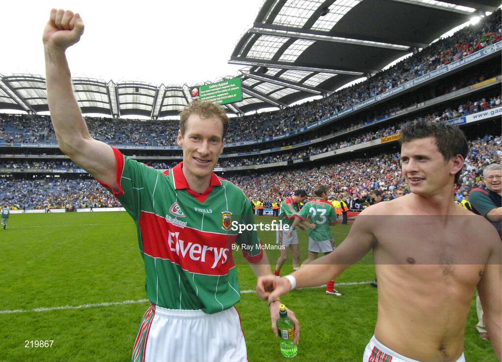 27 August 2006; Mayo players James Nallen, left, and Aidan Higgins celebrate victory. Bank of Ireland All-Ireland Senior Football Championship Semi-Final, Dublin v Mayo, Croke Park, Dublin. Picture credit; Ray McManus / SPORTSFILE