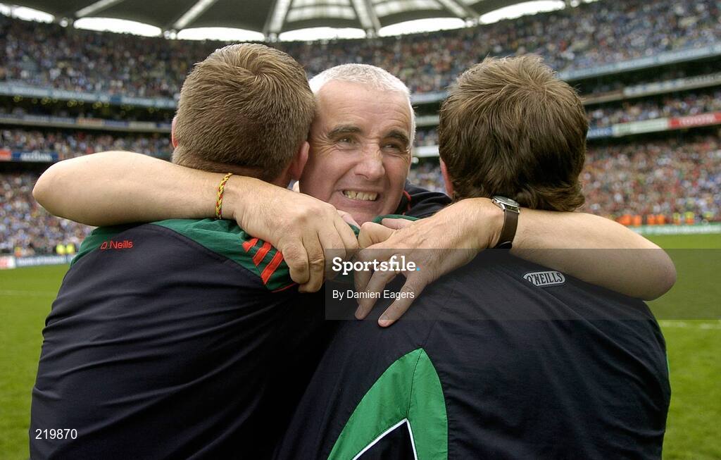 27 August 2006; Mayo manager Mickey Moran celebrates with two substitutes after the game. Bank of Ireland All-Ireland Senior Football Championship Semi-Final, Dublin v Mayo, Croke Park, Dublin. Picture credit; Damien Eagers / SPORTSFILE