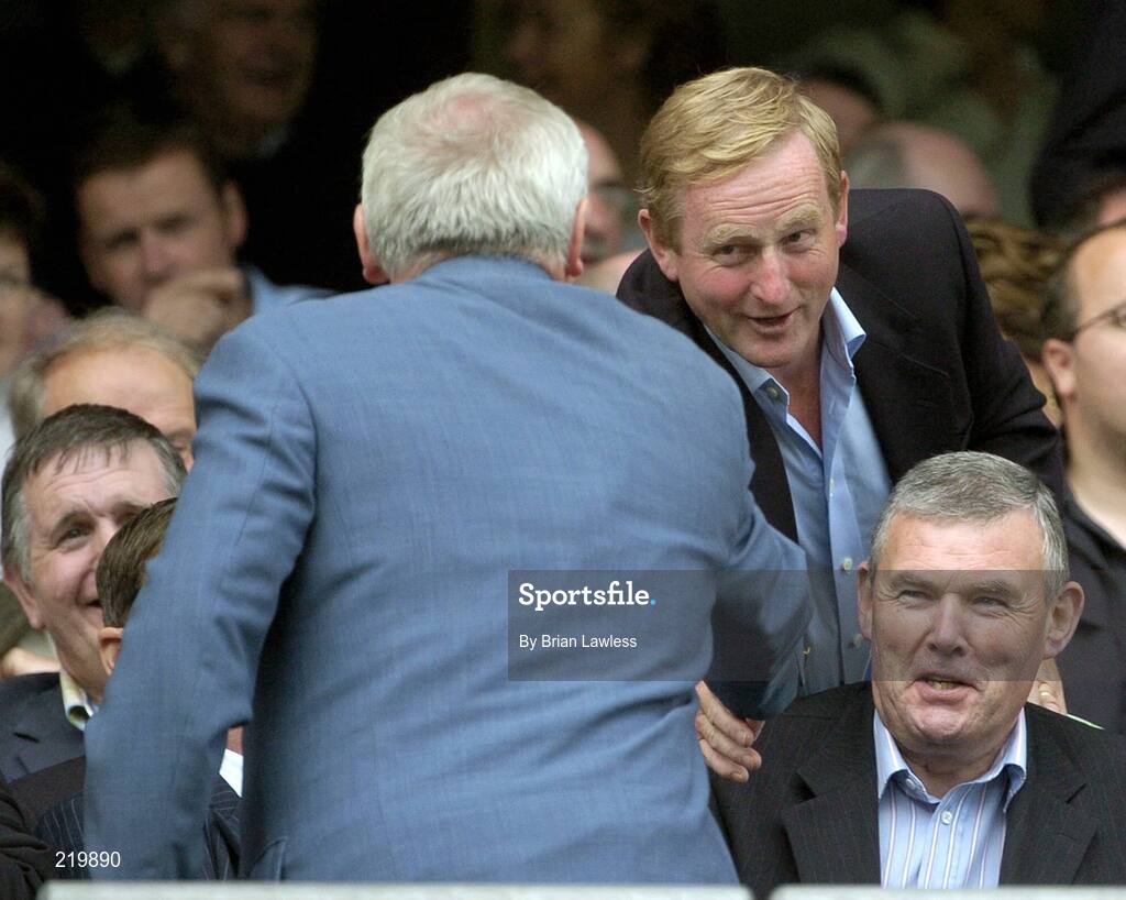 27 August 2006; Leader of the opposition Enda Kenny T.D., wishes An Taoiseach Bertie Ahern T.D. well before the start of the game watched by former President of the GAA Sean McCague. Tommy Murphy Cup Final, Louth v Leitrim, Croke Park, Dublin. Picture credit; Brian Lawless / SPORTSFILE