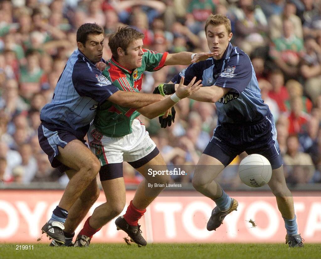 27 August 2006; Aiden Kilcoyne, Mayo, in action against David Henry, left, and Paul Griffin, Dublin. Bank of Ireland All-Ireland Senior Football Championship Semi-Final, Dublin v Mayo, Croke Park, Dublin. Picture credit; Brian Lawless / SPORTSFILE