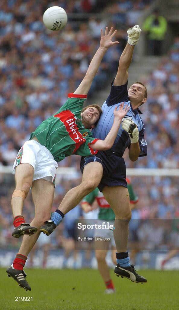 27 August 2006; Ciaran Whelan, Dublin, in action against Ronan McGarrity, Mayo. Bank of Ireland All-Ireland Senior Football Championship Semi-Final, Dublin v Mayo, Croke Park, Dublin. Picture credit; Brian Lawless / SPORTSFILE