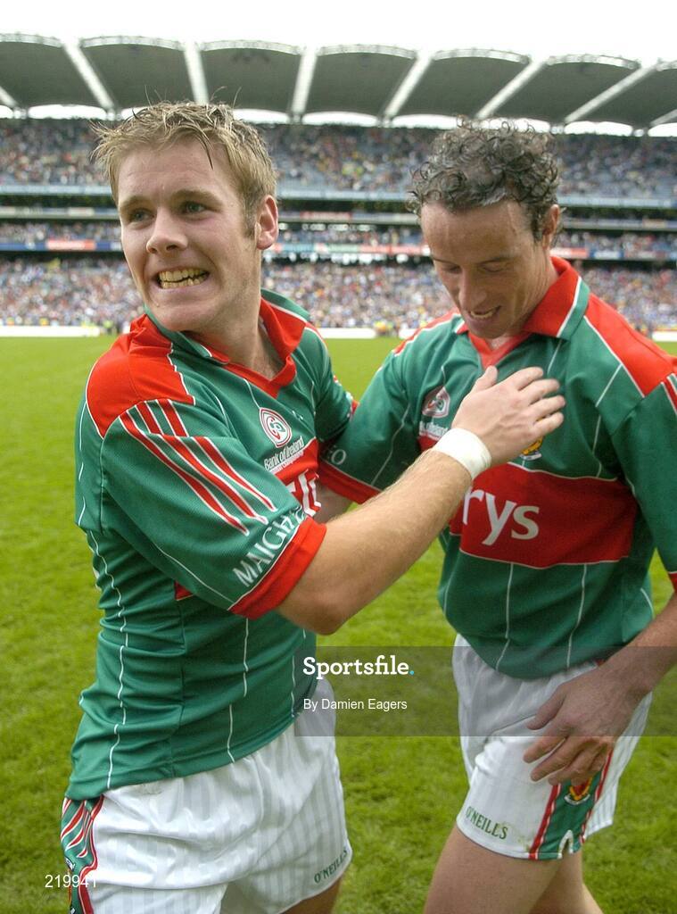 27 August 2006; Mayo players Aiden Kilcoyne, left, and Kevin O'Neill celebrtae at the end of the match. Bank of Ireland All-Ireland Senior Football Championship Semi-Final, Dublin v Mayo, Croke Park, Dublin. Picture credit; Damien Eagers / SPORTSFILE