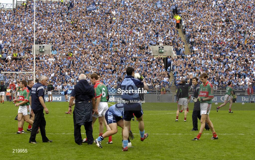 27 August 2006; Dublin and Mayo players kick about in front of Hill 16 before the game. Bank of Ireland All-Ireland Senior Football Championship Semi-Final, Dublin v Mayo, Croke Park, Dublin. Picture credit; Ray McManus / SPORTSFILE