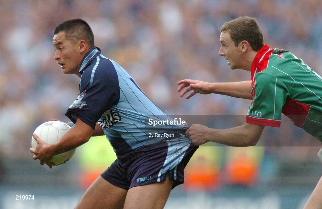27 August 2006; Jason Sherlock, Dublin, in action against Keith Higgins, Mayo. Bank of Ireland All-Ireland Senior Football Championship Semi-Final, Dublin v Mayo, Croke Park, Dublin. Picture credit; Ray Ryan / SPORTSFILE