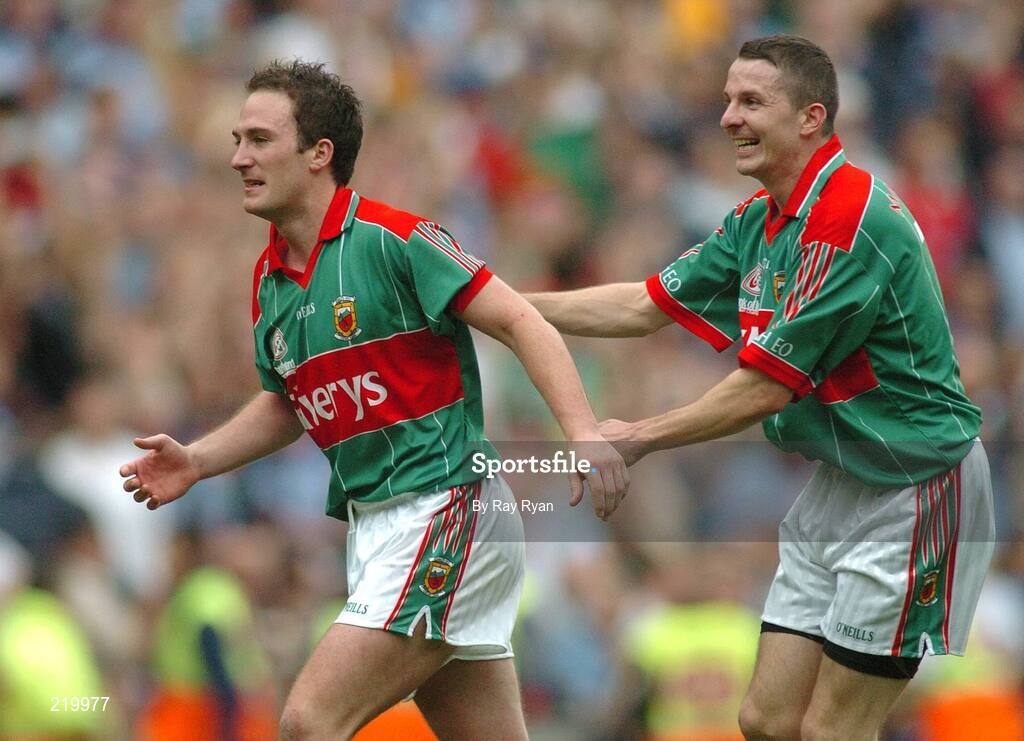 27 August 2006; Mayo's Alan Dillon, left, and Peadar Gardiner celebrate after the game. Bank of Ireland All-Ireland Senior Football Championship Semi-Final, Dublin v Mayo, Croke Park, Dublin. Picture credit; Ray Ryan / SPORTSFILE