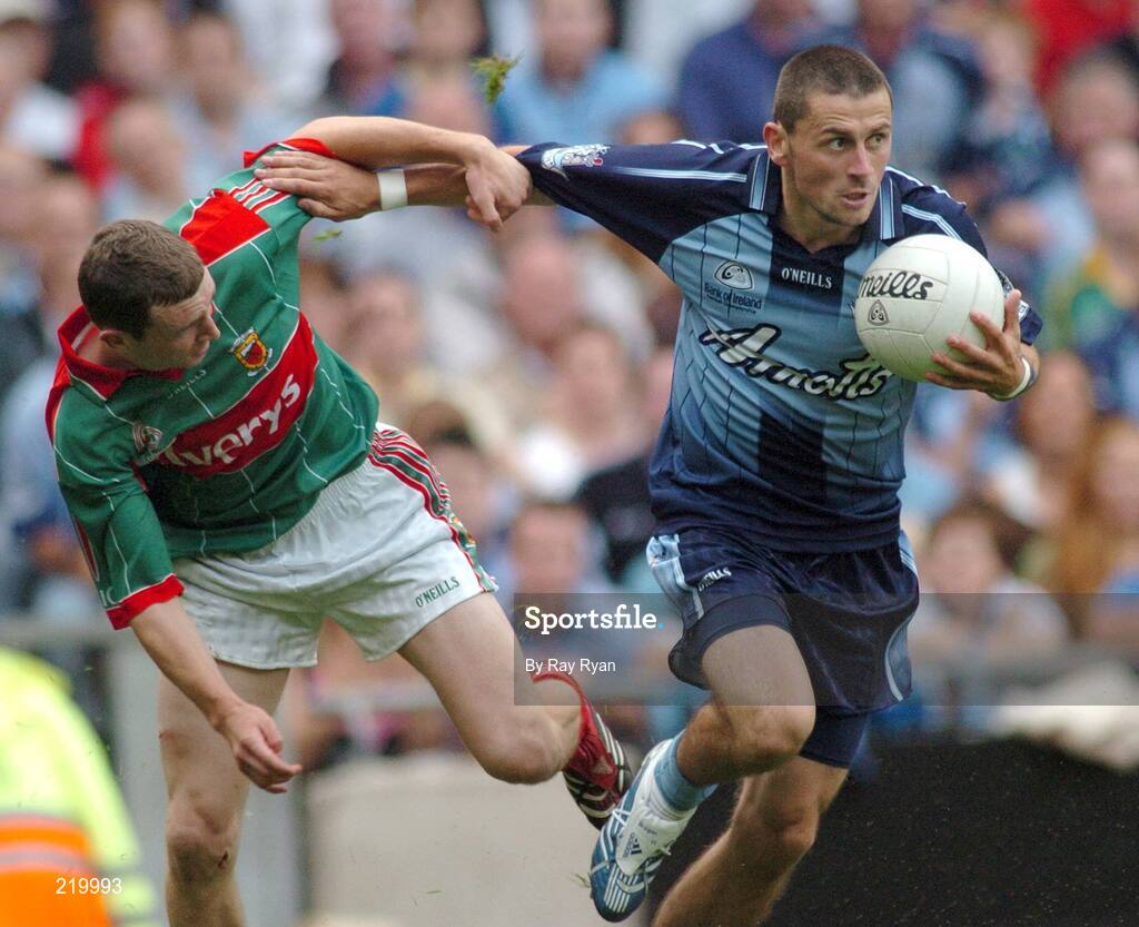 27 August 2006; Alan Brogan, Dublin, in action against Keith Higgins, Mayo. Bank of Ireland All-Ireland Senior Football Championship Semi-Final, Dublin v Mayo, Croke Park, Dublin. Picture credit; Ray Ryan / SPORTSFILE
