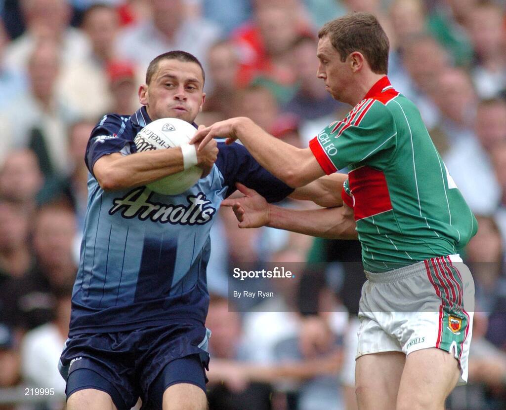 27 August 2006; Alan Brogan, Dublin, in action against Keith Higgins, Mayo. Bank of Ireland All-Ireland Senior Football Championship Semi-Final, Dublin v Mayo, Croke Park, Dublin. Picture credit; Ray Ryan / SPORTSFILE
