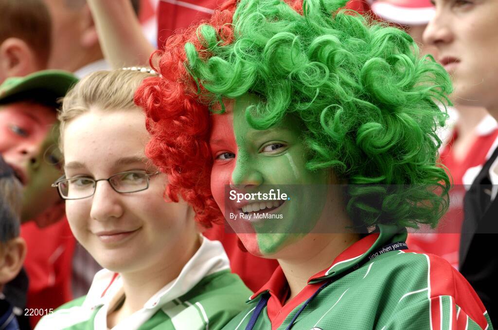 27 August 2006; Éadaoin Moore, and Eve Arnold, left, from Balbriggan, Dublin, but supporters of Mayo cheer on their team. Both girls spend their entire summer holidays in Castlebar and have supported Mayo in every game. Bank of Ireland All-Ireland Senior Football Championship Semi-Final, Dublin v Mayo, Croke Park, Dublin. Picture credit; Ray McManus / SPORTSFILE